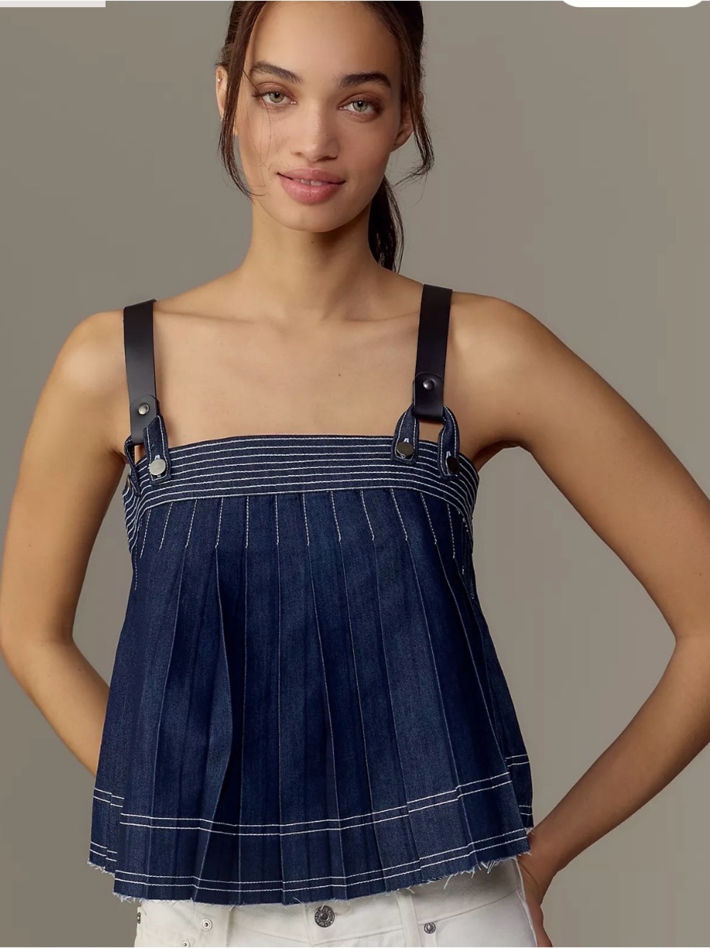 Anthropologie Pilcro Sleeveless Harness Denim Blouse Pleated Tank Size Large
